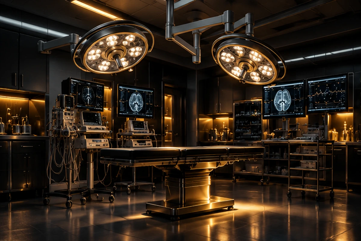 Operating theatre lit in warm gold — healthcare and life sciences