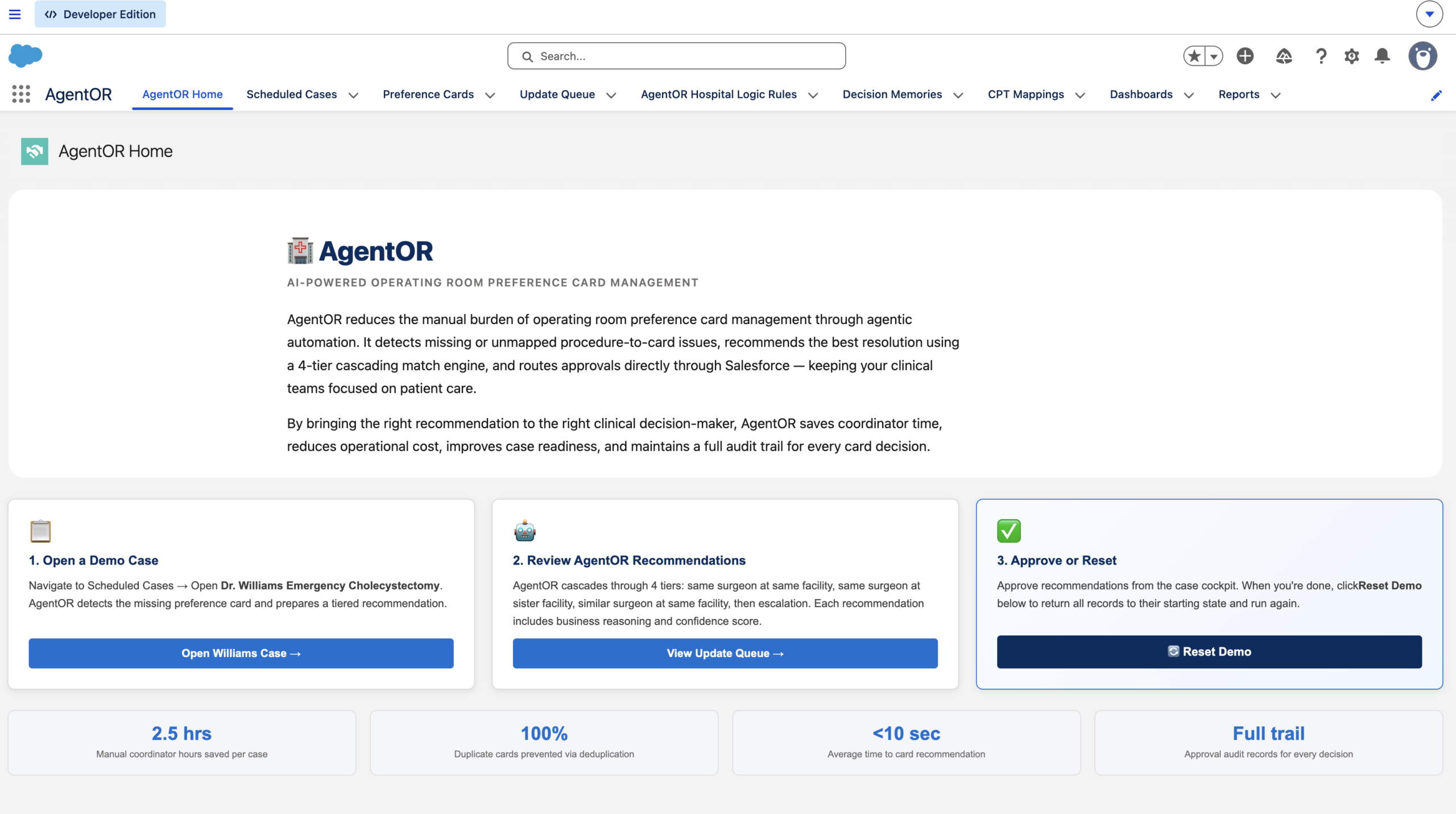 AgentOR running inside Salesforce: AgentOR Home with scheduled cases, preference cards, the update queue and hospital logic rules.